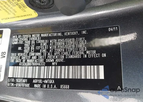 2011 Toyota Venza из США, поврежденный, VIN 4T3ZA3BB7BU046332